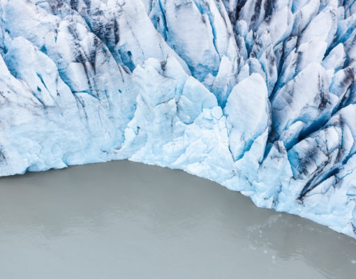 Climate change matters. Iceland. Destruction of the glacier in Iceland due to global warming. Aerial view on the glacier. Famous place in Iceland. Travel image.